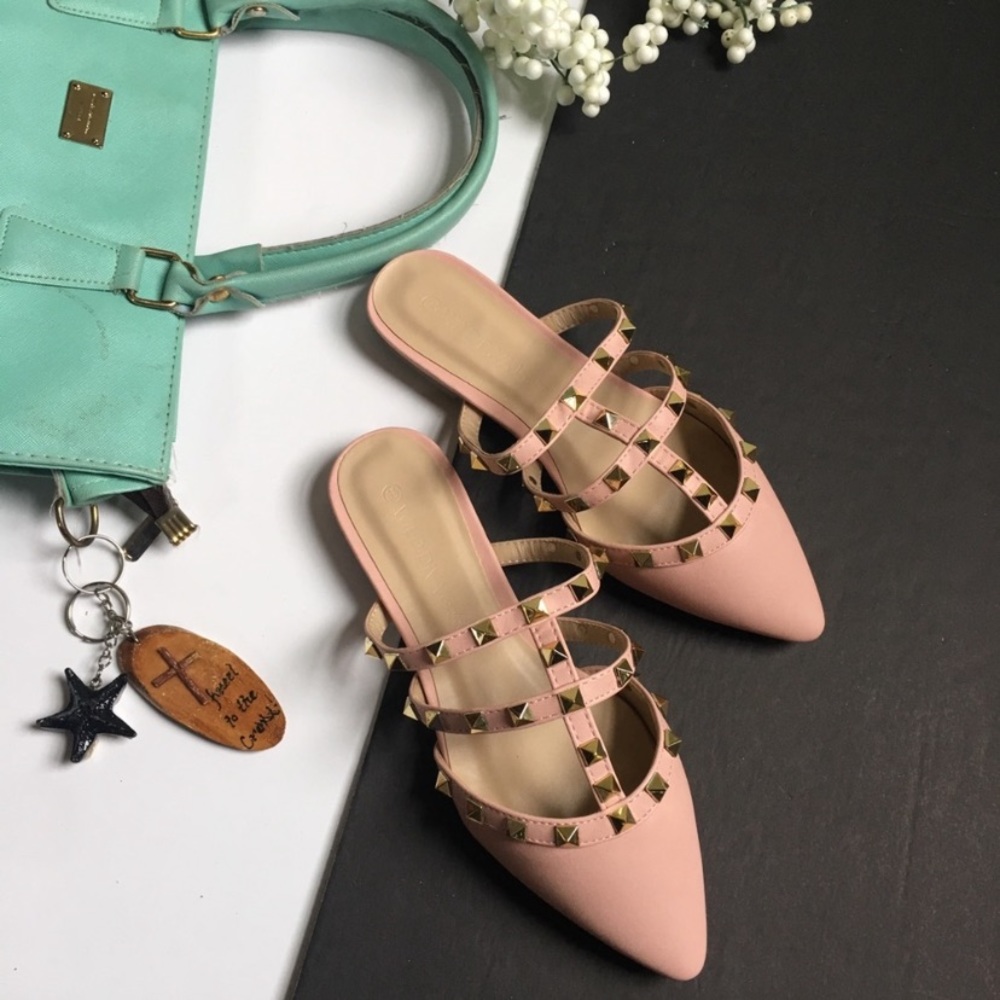 Vegan leather studded blush gold flats mules.